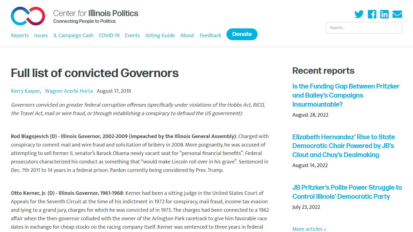 Full list of convicted Governors - Center for Illinois Politics